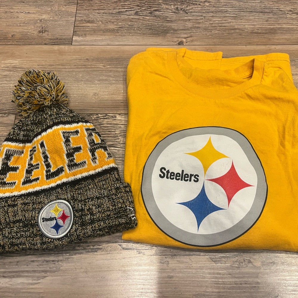 Pittsburgh Steeler Lot- Black and Gold Tshirt and New era beanie hat Sz XL